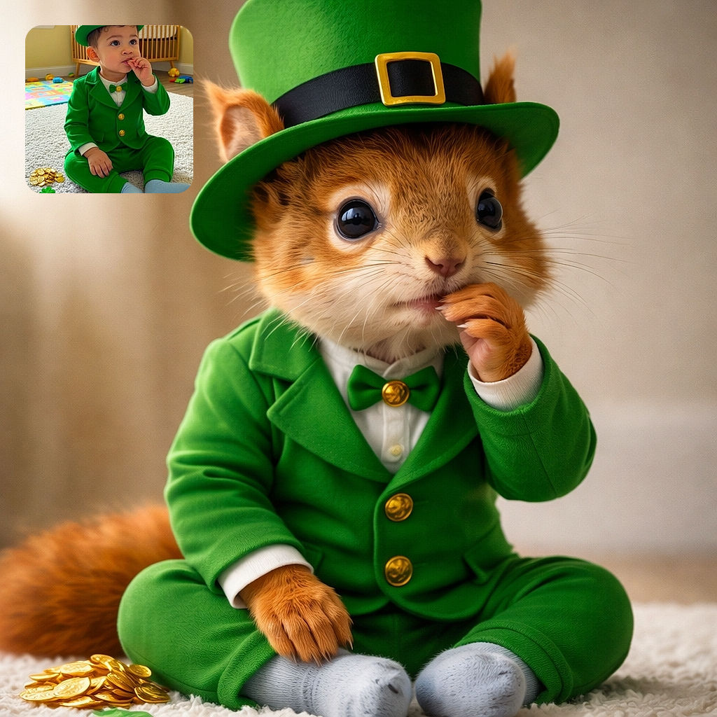 A tiny leprechaun-in-training in a bright green suit and top hat is thoughtfully snacking while guarding a small pile of shiny (probably chocolate) coins — clearly negotiating snack-time economics in the nursery.