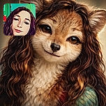 A stylized, cartoon-like portrait of a young person with long wavy hair and a subtle smile, set against a colorful indoor background with a greenish-blue hue and some indistinct objects.