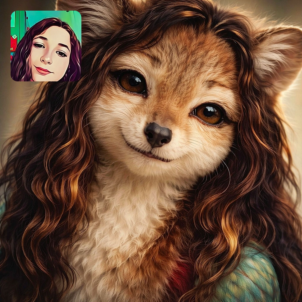 A stylized, cartoon-like portrait of a young person with long wavy hair and a subtle smile, set against a colorful indoor background with a greenish-blue hue and some indistinct objects.