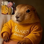 A cozy baby wearing a soft yellow outfit with 'sweet dreams' embroidered on it is being gently cradled, gazing curiously off-camera with a calm expression, while the background softly blurs into warm tones.