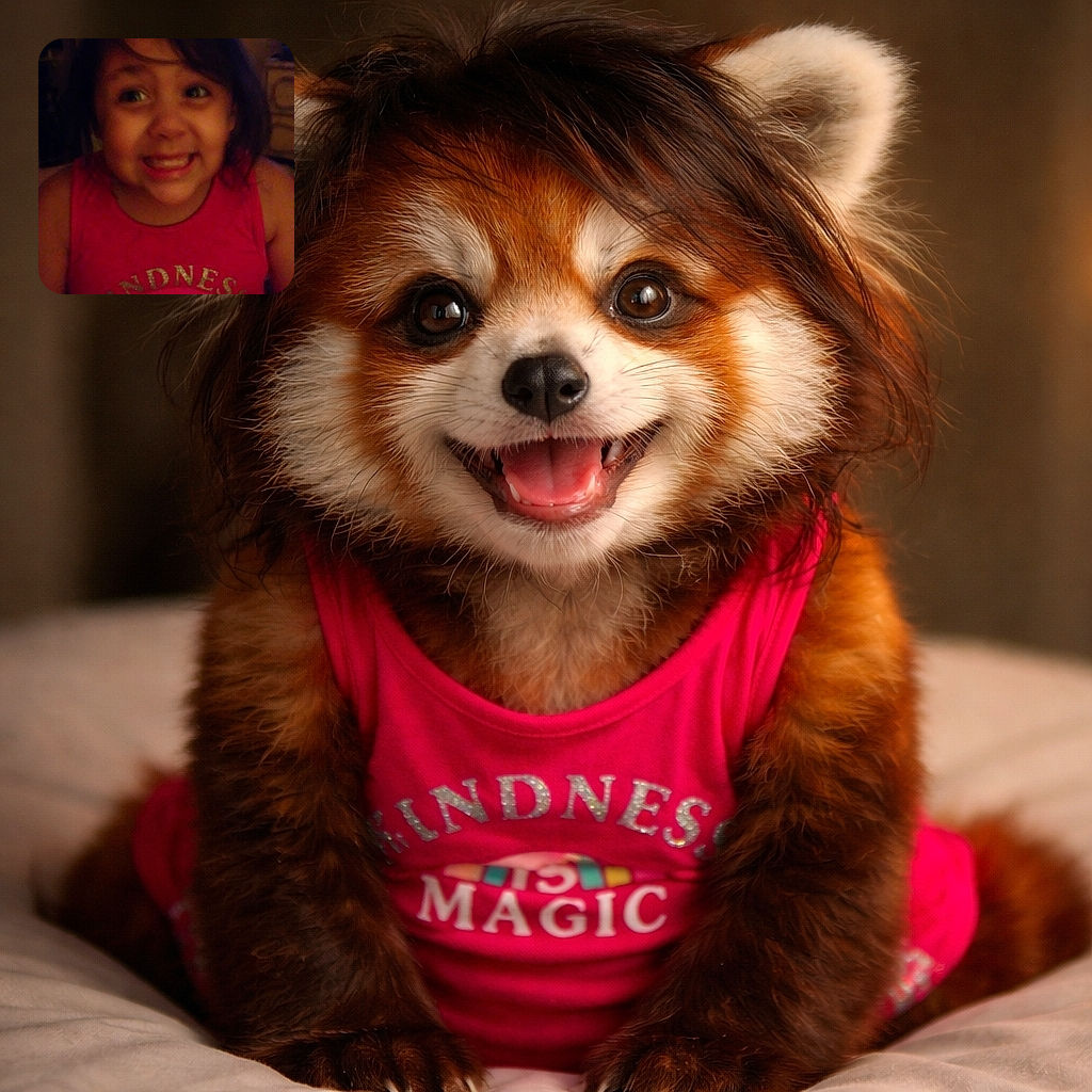 A young child with a big, excited smile and messy hair is wearing a bright pink sleeveless shirt with the words 'Kindness Magic' on it, sitting indoors in a warmly lit room. The photo is a bit blurry and grainy, giving it a candid, spontaneous feel.