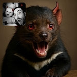 A playful black and white selfie of a baby and an adult with a devilish filter adding red horns and glowing red eyes, making them look like cute little devils surrounded by plush toys.