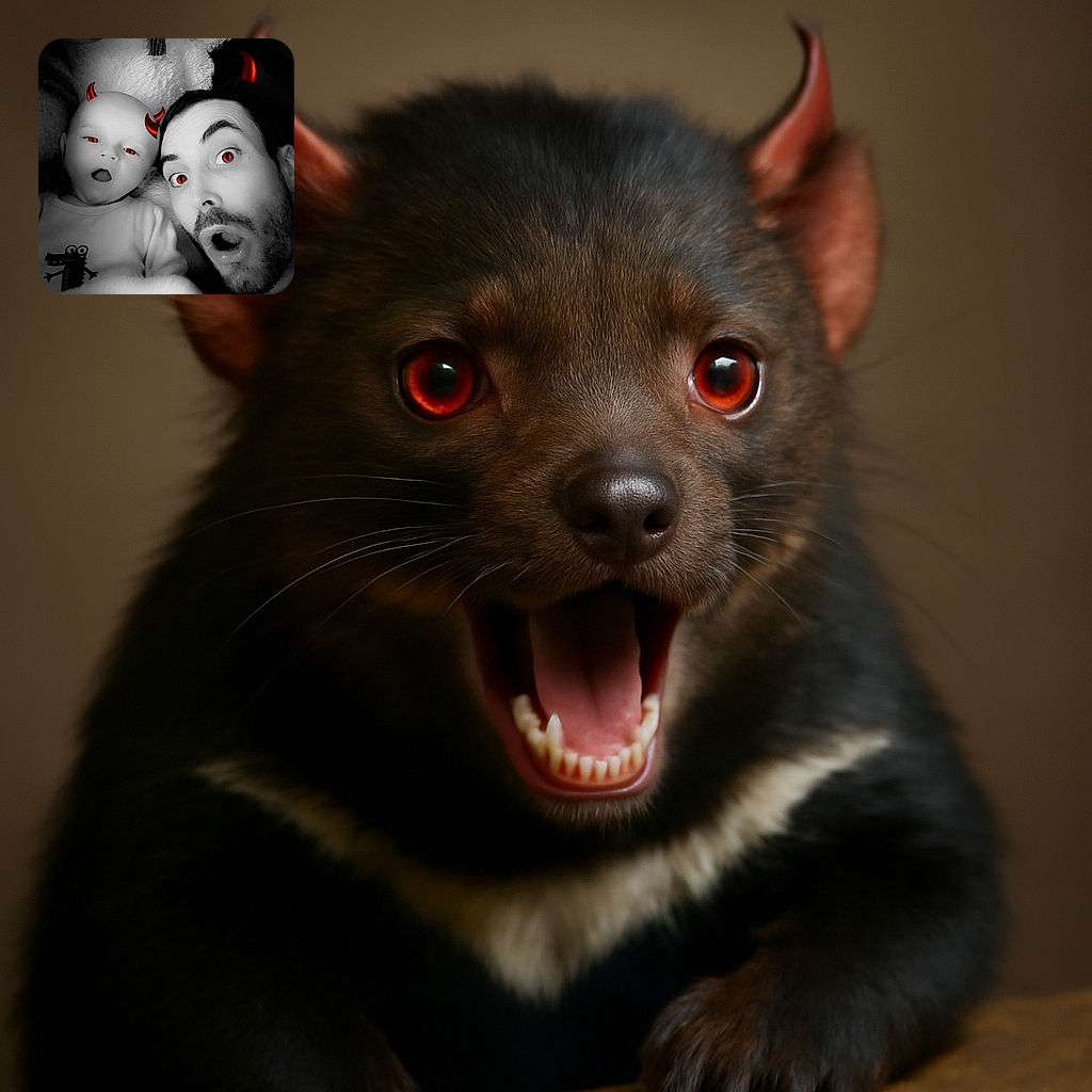 A playful black and white selfie of a baby and an adult with a devilish filter adding red horns and glowing red eyes, making them look like cute little devils surrounded by plush toys.