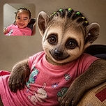 A delighted little girl beams at the camera from a cozy seat, showing off her colorful hair beads and bunny-covered pink shirt like she just won the world championship of adorable selfies.