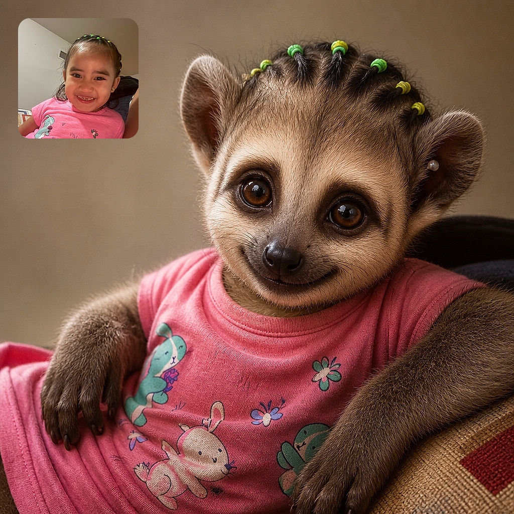 A delighted little girl beams at the camera from a cozy seat, showing off her colorful hair beads and bunny-covered pink shirt like she just won the world championship of adorable selfies.