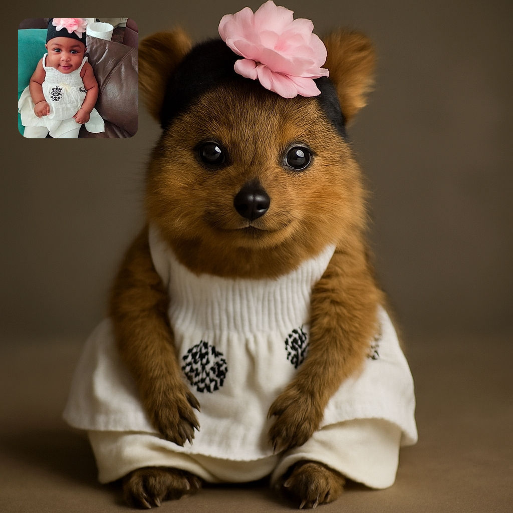 A cute baby girl dressed in white with a large pink flower headband is sitting comfortably on a brown leather couch, flashing an adorable smile with bright eyes, while a teal pillow and a trash bin are visible in the softly lit background.