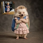 A tiny barefoot fashionista stands proudly in a ruffled pink outfit, hugging herself like she just won the toddler talent show. Behind her, a wall of photos and a dramatic black-and-white mural provide a surprisingly epic backdrop, while the carpet looks ready for a very small red-carpet entrance.