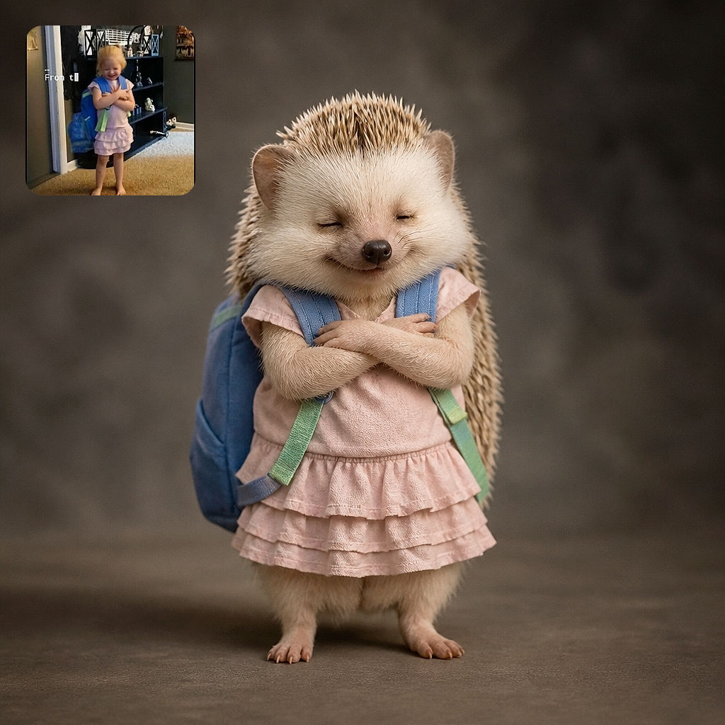 A tiny barefoot fashionista stands proudly in a ruffled pink outfit, hugging herself like she just won the toddler talent show. Behind her, a wall of photos and a dramatic black-and-white mural provide a surprisingly epic backdrop, while the carpet looks ready for a very small red-carpet entrance.