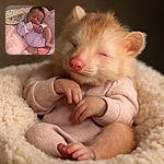 A peaceful newborn baby wrapped in a soft pink blanket and wearing a light pink onesie, smiling gently with eyes closed while lying comfortably. A wooden plaque beside the baby displays birth details, adding a personal and heartwarming touch to the cozy scene.