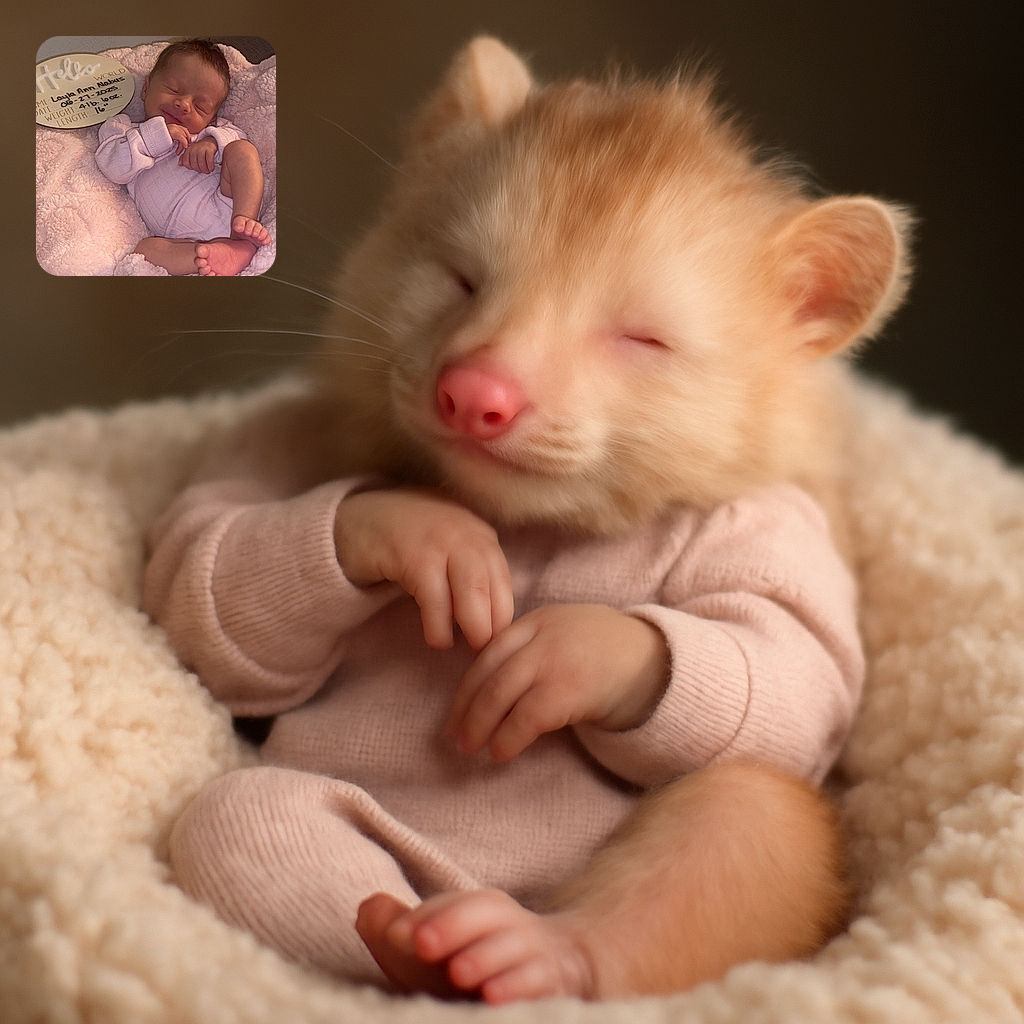 A peaceful newborn baby wrapped in a soft pink blanket and wearing a light pink onesie, smiling gently with eyes closed while lying comfortably. A wooden plaque beside the baby displays birth details, adding a personal and heartwarming touch to the cozy scene.