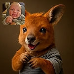 A cute baby is caught mid-motion with a slightly blurry, joyful expression, probably giggling or moving excitedly while being held on someone's lap in a cozy indoor setting.