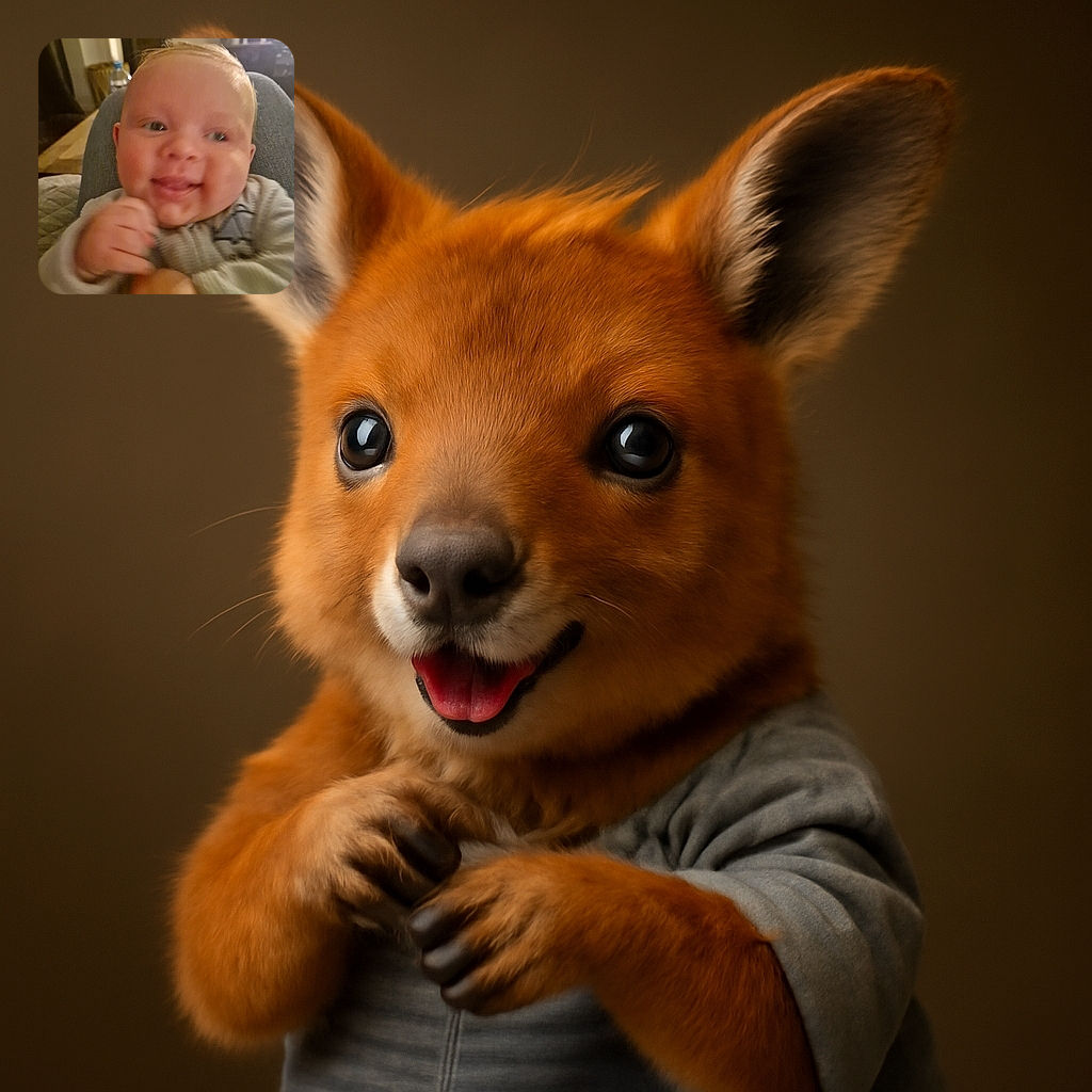 A cute baby is caught mid-motion with a slightly blurry, joyful expression, probably giggling or moving excitedly while being held on someone's lap in a cozy indoor setting.