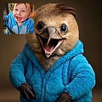 A joyful baby in a fuzzy blue hoodie is caught mid-laugh, eyes sparkling with excitement, and mouth wide open in a happy grin. The background is softly blurred, highlighting the adorable face and cozy outfit.