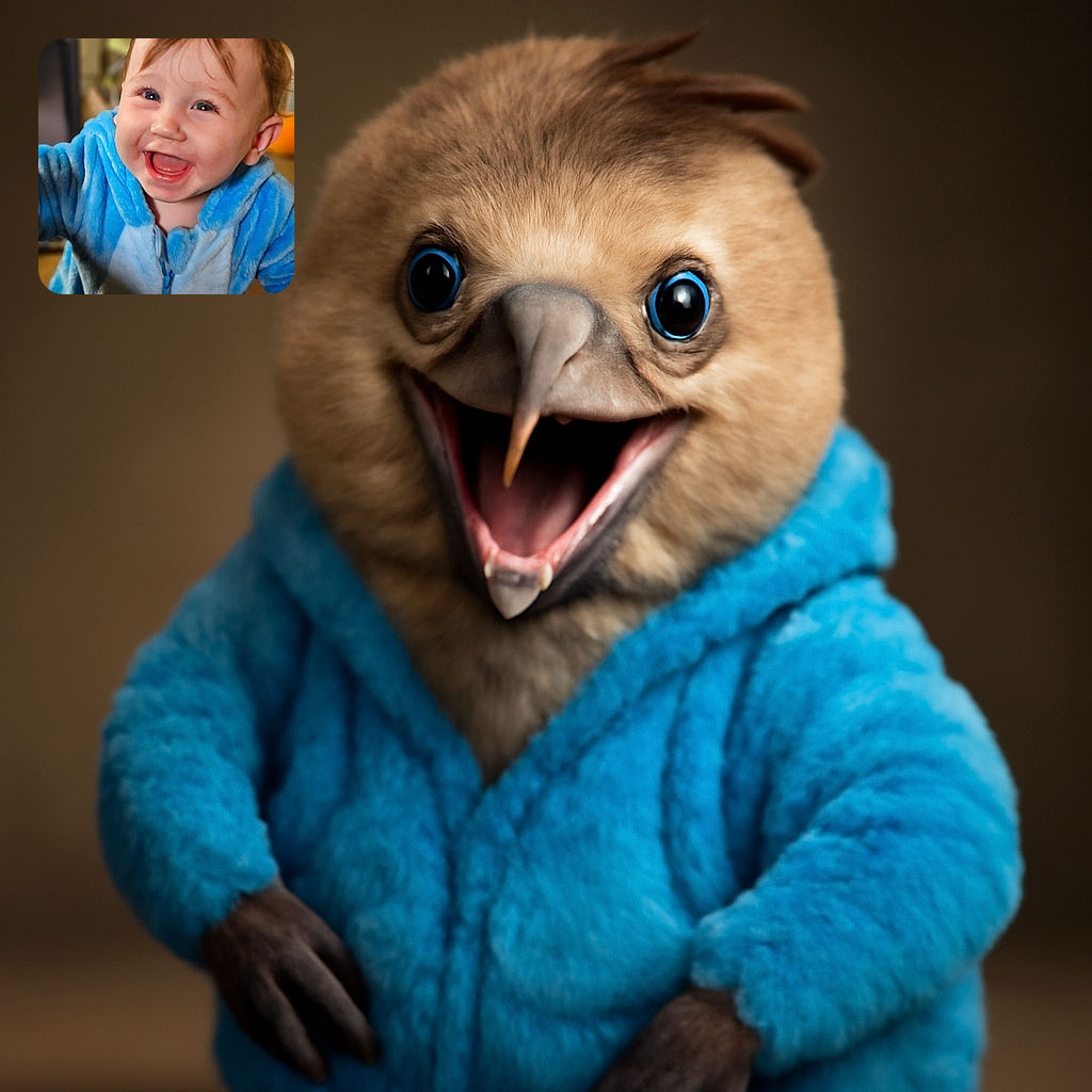 A joyful baby in a fuzzy blue hoodie is caught mid-laugh, eyes sparkling with excitement, and mouth wide open in a happy grin. The background is softly blurred, highlighting the adorable face and cozy outfit.