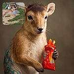 A serious little kid stands barefoot on a patchy yard holding a toy gun and a snack, aiming playfully at the camera with a determined expression, while a wooden porch and garden hose create a casual outdoor backdrop. Bold white text humorously claims, 'SHE'S SO SERIOUS TO SHOOT ME.'