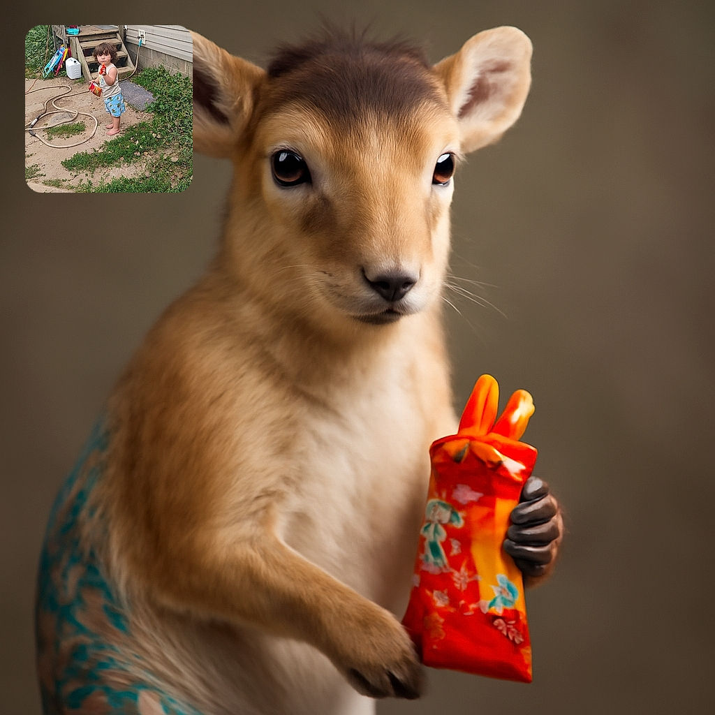 A serious little kid stands barefoot on a patchy yard holding a toy gun and a snack, aiming playfully at the camera with a determined expression, while a wooden porch and garden hose create a casual outdoor backdrop. Bold white text humorously claims, 'SHE'S SO SERIOUS TO SHOOT ME.'