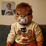 A toddler with a pacifier sits calmly on a couch wearing a cozy sweatshirt decorated with cute animal faces, while a brown heart emoji floats above, adding a touch of warmth to the scene.