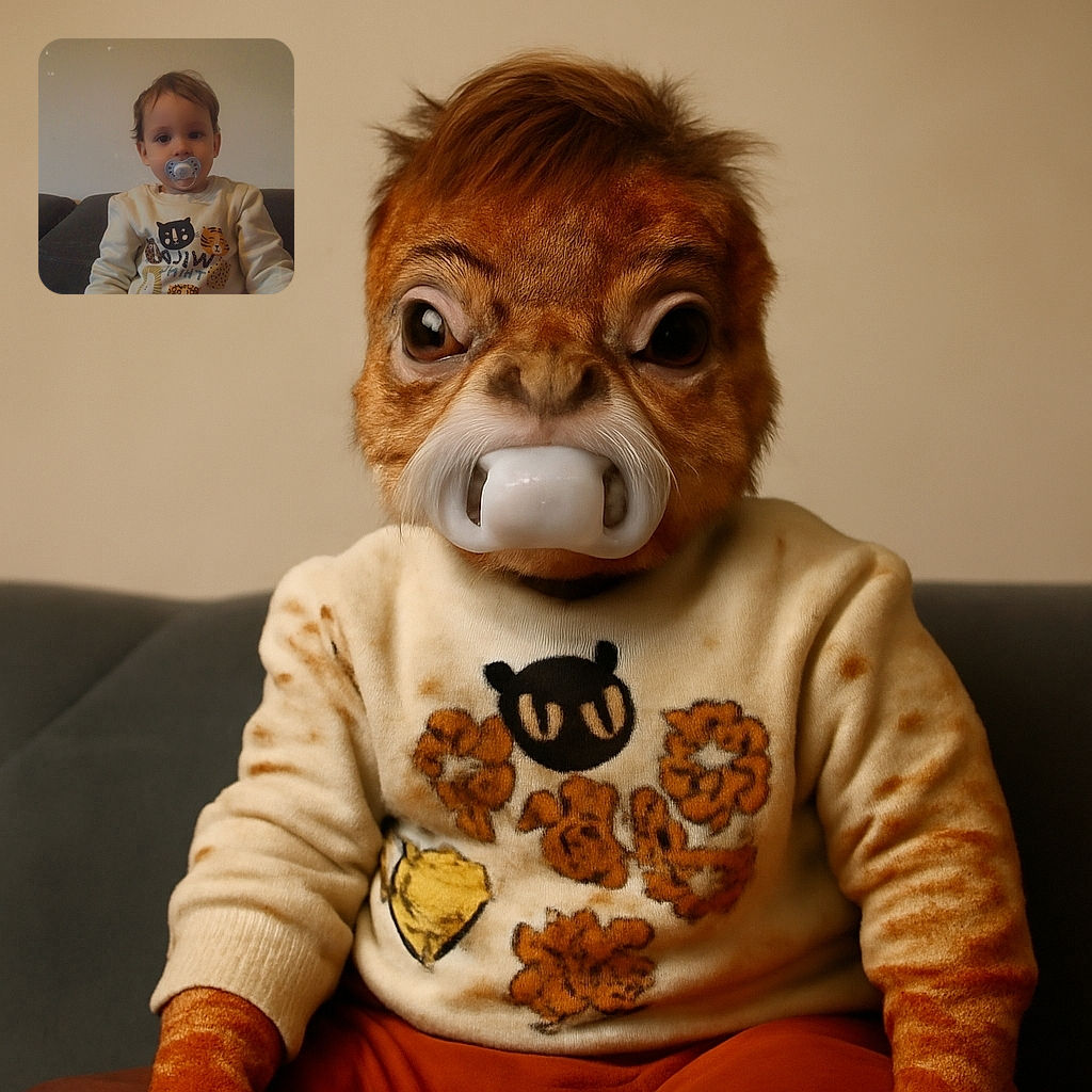 A toddler with a pacifier sits calmly on a couch wearing a cozy sweatshirt decorated with cute animal faces, while a brown heart emoji floats above, adding a touch of warmth to the scene.