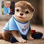 A cheerful baby with bright eyes and a blue bib sits on the grass, clutching a bottle and a red toy, basking in warm sunlight with a playful outdoor background.