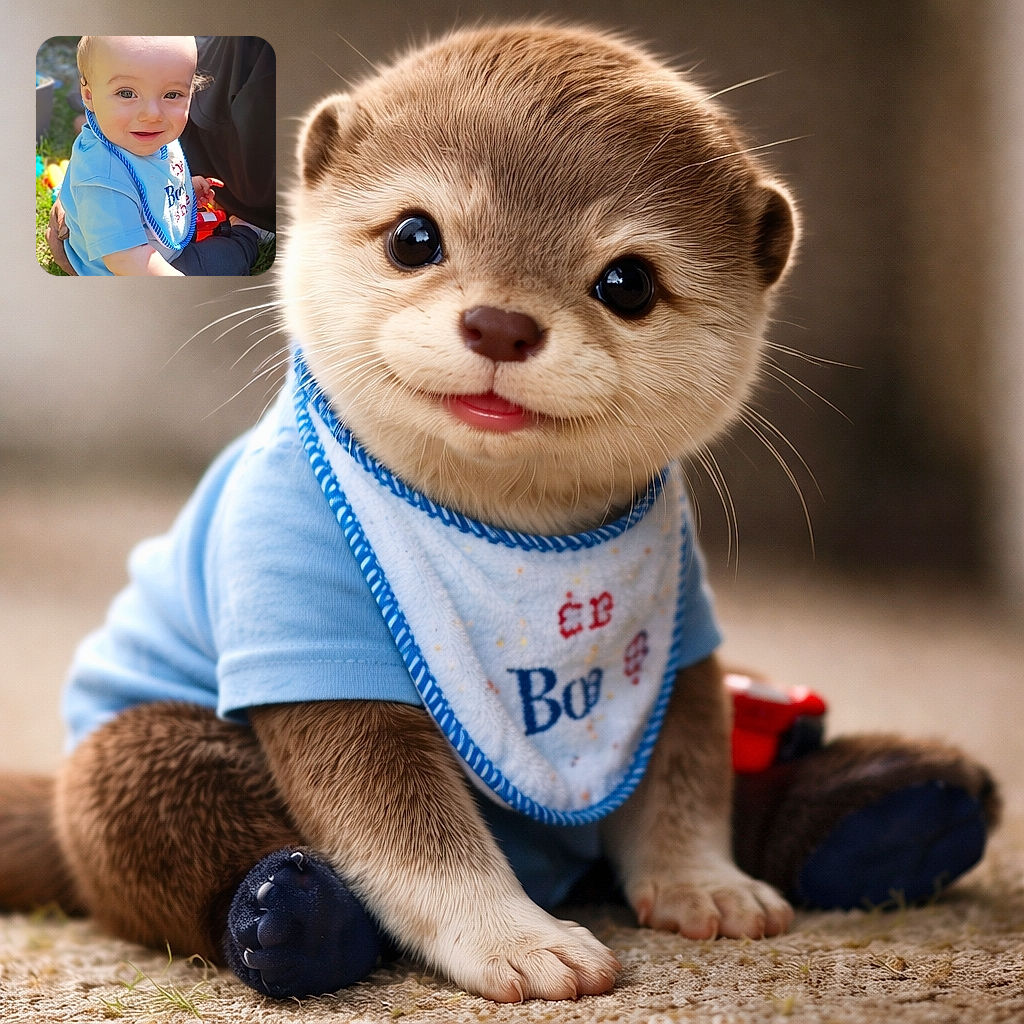A cheerful baby with bright eyes and a blue bib sits on the grass, clutching a bottle and a red toy, basking in warm sunlight with a playful outdoor background.