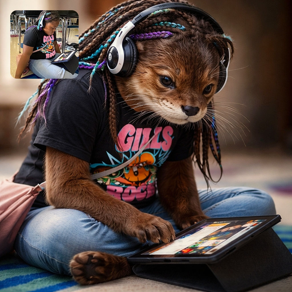 A focused child with colorful braided hair and headphones sits cross-legged on a classroom floor, intently looking at a tablet. The room is filled with chairs and scattered shoes, creating a casual learning environment.