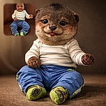 A smiling baby sitting comfortably on a brown couch, dressed in a striped long-sleeve shirt, blue pants, and fuzzy green socks with a playful design. The baby looks happy and relaxed, with a cozy home vibe in the background.