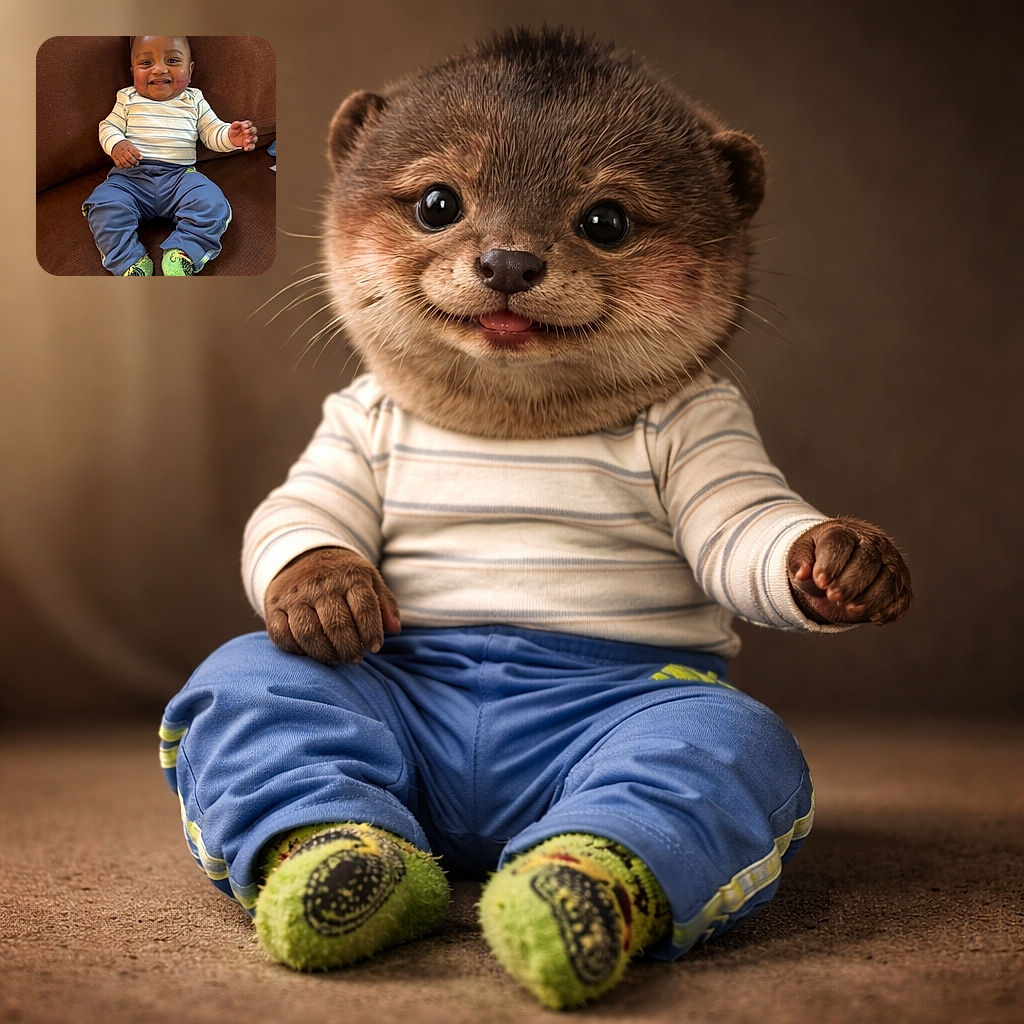 A smiling baby sitting comfortably on a brown couch, dressed in a striped long-sleeve shirt, blue pants, and fuzzy green socks with a playful design. The baby looks happy and relaxed, with a cozy home vibe in the background.