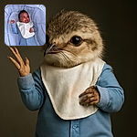 A cute baby lying in a cozy, light blue textured bassinet, wearing a blue onesie and a white bib with a faint pink stain, looking curiously off to the side with one hand raised in a playful gesture.