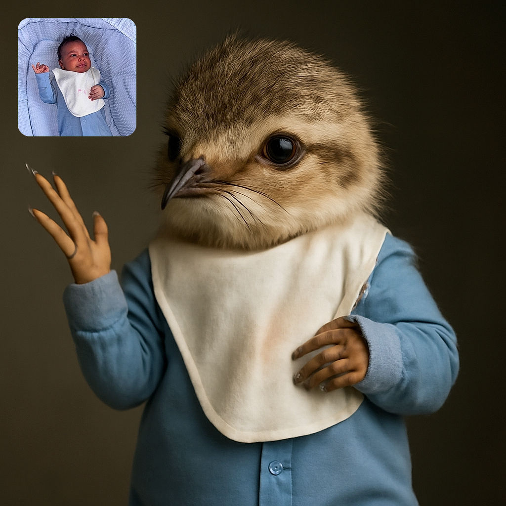 A cute baby lying in a cozy, light blue textured bassinet, wearing a blue onesie and a white bib with a faint pink stain, looking curiously off to the side with one hand raised in a playful gesture.