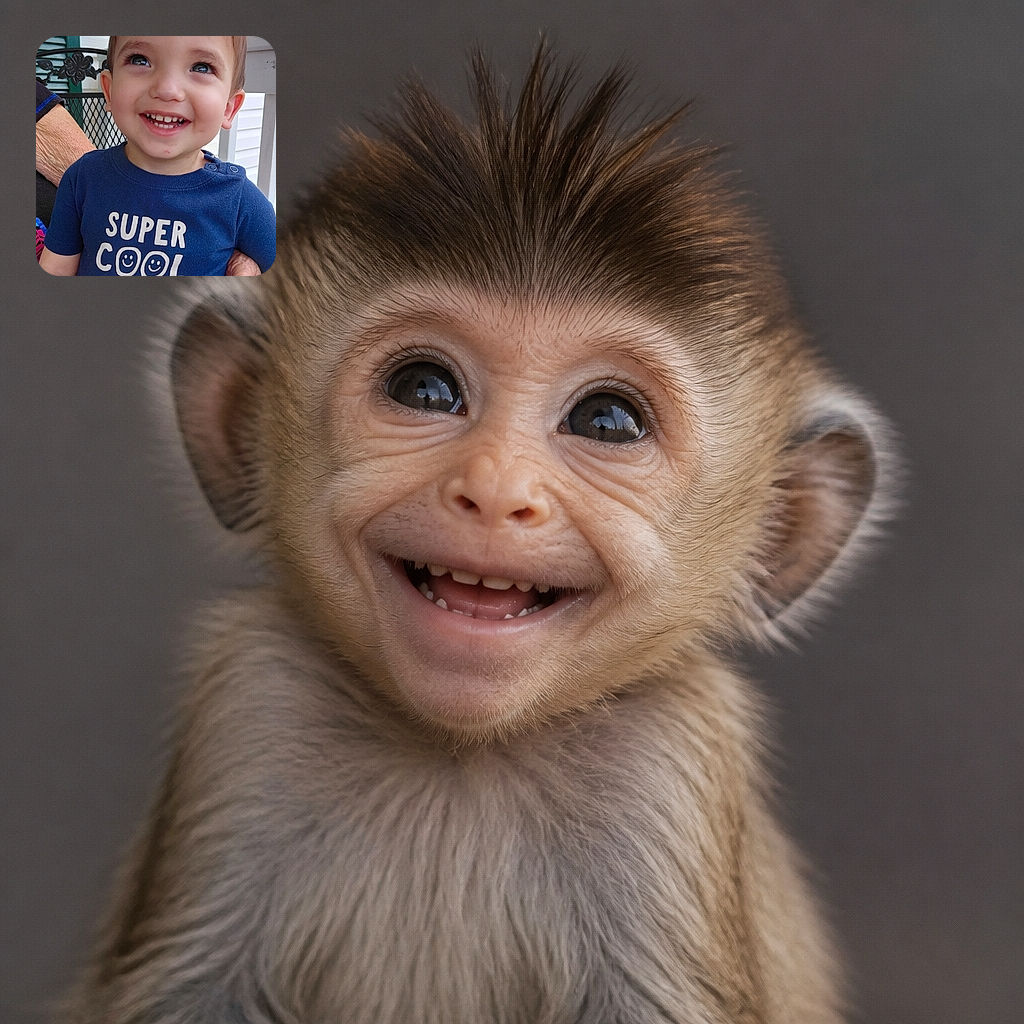 A delighted little kid beams at the camera like the world’s tiniest celebrity, proudly modeling a “SUPER COOL DUDE” shirt while an adult’s hands provide an enthusiastic backstage assist. The porch setting and cheerful grin make this portrait radiate pure sunshine.