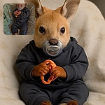 A cozy baby bundled in dark comfy clothes lies on a fluffy star-patterned blanket, clutching a bright orange toy with a pacifier in mouth, eyes wide open and curious.