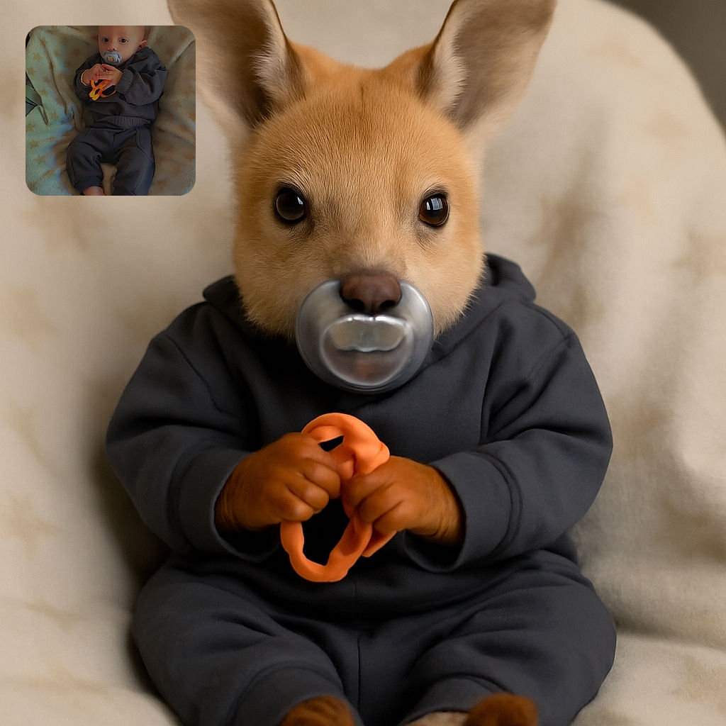 A cozy baby bundled in dark comfy clothes lies on a fluffy star-patterned blanket, clutching a bright orange toy with a pacifier in mouth, eyes wide open and curious.