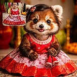 A cheerful toddler girl dressed in a vibrant red and pink traditional dress sits smiling on a patterned rug, surrounded by colorful drapes and festive decorations, radiating pure joy and innocence.