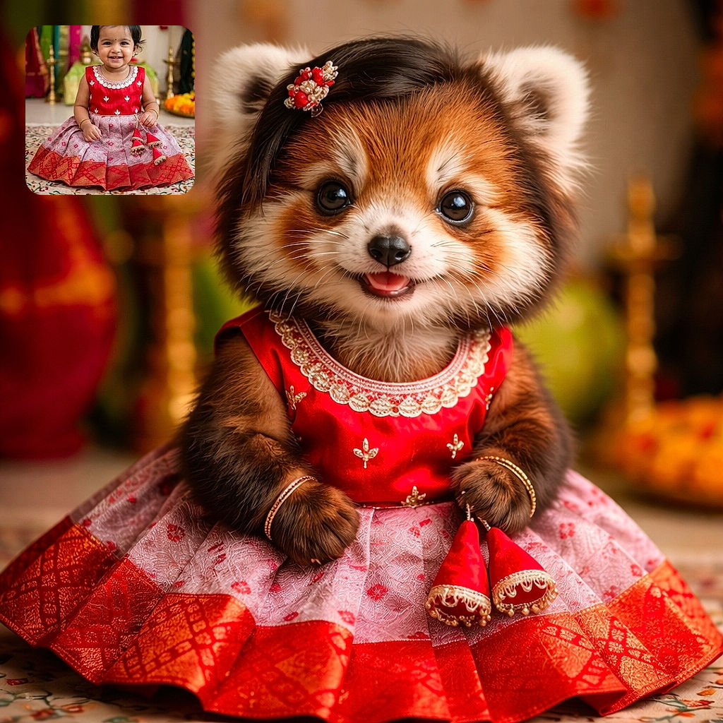 A cheerful toddler girl dressed in a vibrant red and pink traditional dress sits smiling on a patterned rug, surrounded by colorful drapes and festive decorations, radiating pure joy and innocence.