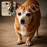 A curious little dog stares up like it's expecting treats or royal approval — ears perked, big shiny eyes, and paws firmly planted on the wooden floor. Tiny floof, huge personality.