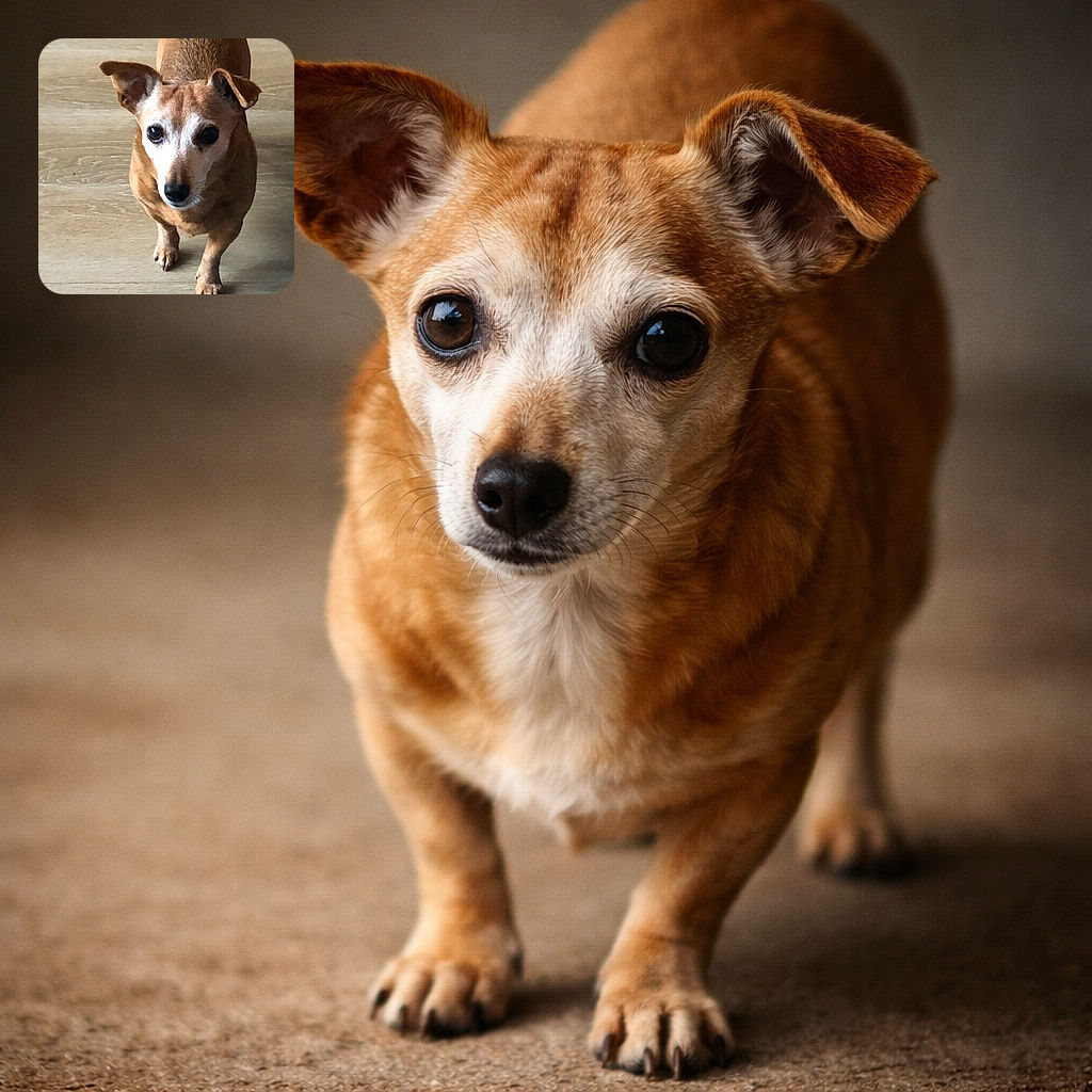 A curious little dog stares up like it's expecting treats or royal approval — ears perked, big shiny eyes, and paws firmly planted on the wooden floor. Tiny floof, huge personality.