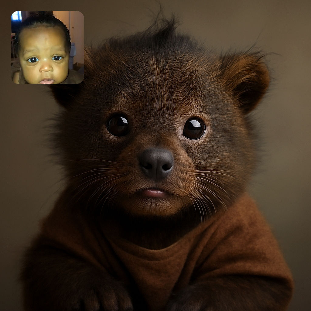 A close-up photo of an adorable baby with wide curious eyes and slightly parted lips, wrapped in a brown outfit, with a softly blurred indoor background.