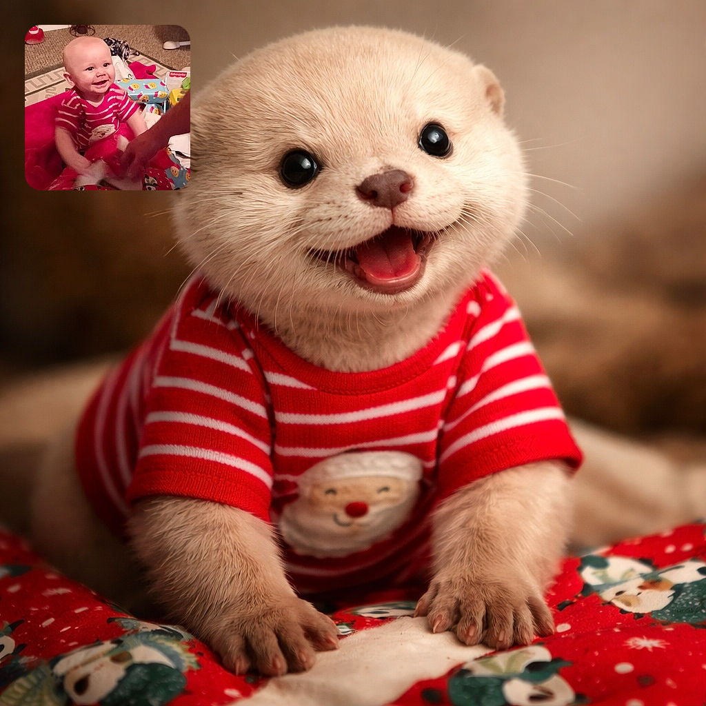 A delighted baby grinning up at the camera amid a chaotic pile of gift wrap and toys while an adult's hands fumble with paper — holiday joy and wrapping-paper mayhem in one frame.
