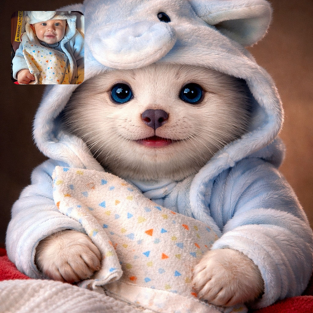 A delightful baby bundled in a cozy, light blue elephant hoodie with floppy ears, clutching a colorful patterned blanket, flashing an adorable smile with bright eyes that could melt anyone's heart.