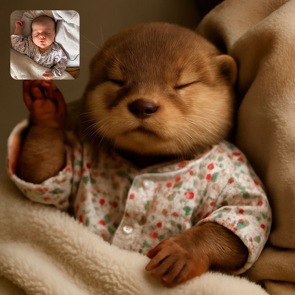 A peaceful sleeping baby bundled in a cozy floral onesie and a fluffy cream blanket, nestled comfortably on a soft surface with a gentle arm providing warmth and security.