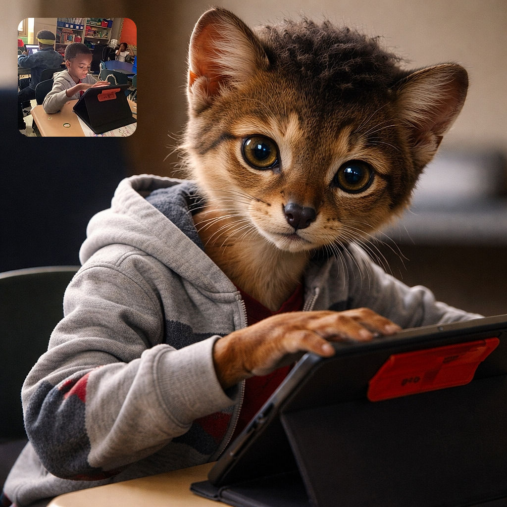 A focused young student is deeply engaged with a tablet at his desk in a lively classroom setting, surrounded by classmates also busy with their devices and schoolwork, illuminated by natural light from a nearby window.