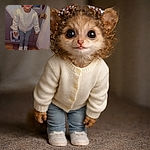 A wide-eyed little kid stands in front of the door looking caught mid-antic — cardigan buttoned, hair bows doing their best antenna impression, and sneakers perfectly pristine as if ready for mischief.