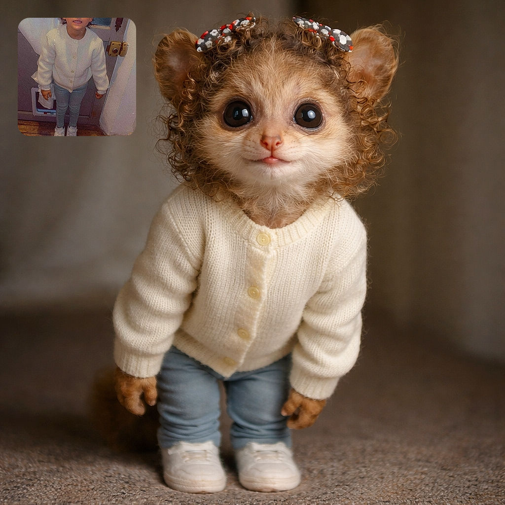 A wide-eyed little kid stands in front of the door looking caught mid-antic — cardigan buttoned, hair bows doing their best antenna impression, and sneakers perfectly pristine as if ready for mischief.