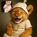 A joyful baby dressed in a cute giraffe-themed outfit and hat smiles widely while lying on a dark soft blanket, radiating pure happiness and innocence.