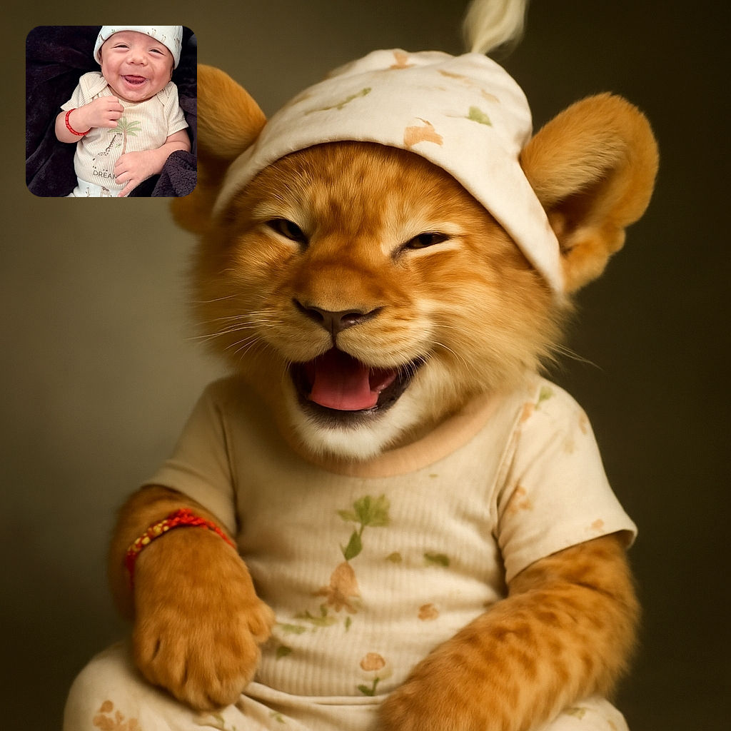 A joyful baby dressed in a cute giraffe-themed outfit and hat smiles widely while lying on a dark soft blanket, radiating pure happiness and innocence.