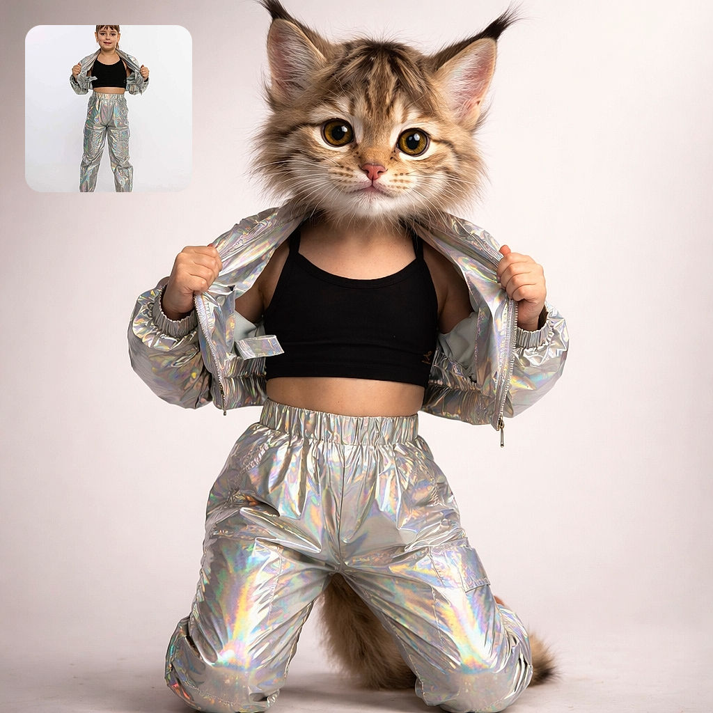 A confident child stands barefoot on a plain white background, sporting a shiny holographic jacket and pants combo paired with a simple black crop top, striking a pose that screams futuristic fashionista vibes.