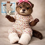 An adorable baby dressed in a floral outfit and fluffy white boots lies on a medical pad, sporting a pink headband with a bow, looking curiously at the camera with wide eyes and a slightly open mouth.