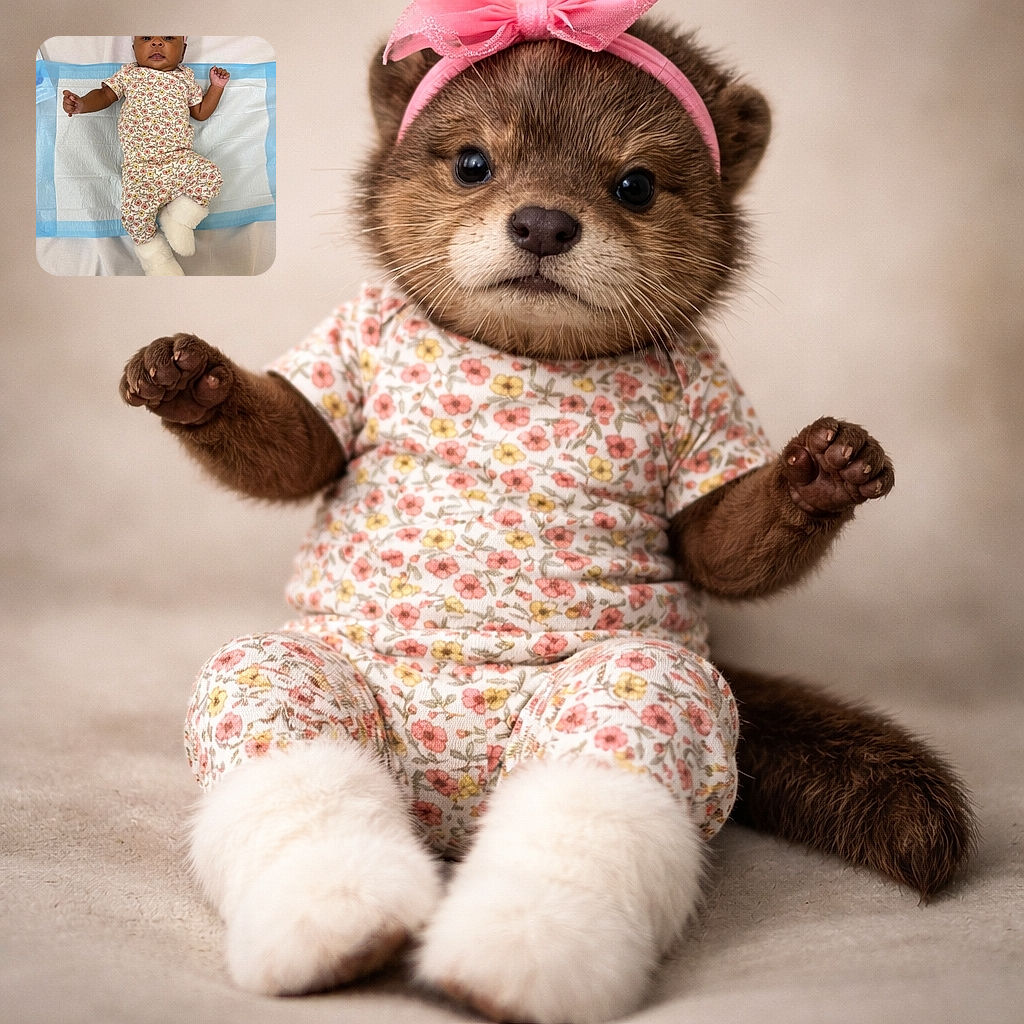 An adorable baby dressed in a floral outfit and fluffy white boots lies on a medical pad, sporting a pink headband with a bow, looking curiously at the camera with wide eyes and a slightly open mouth.