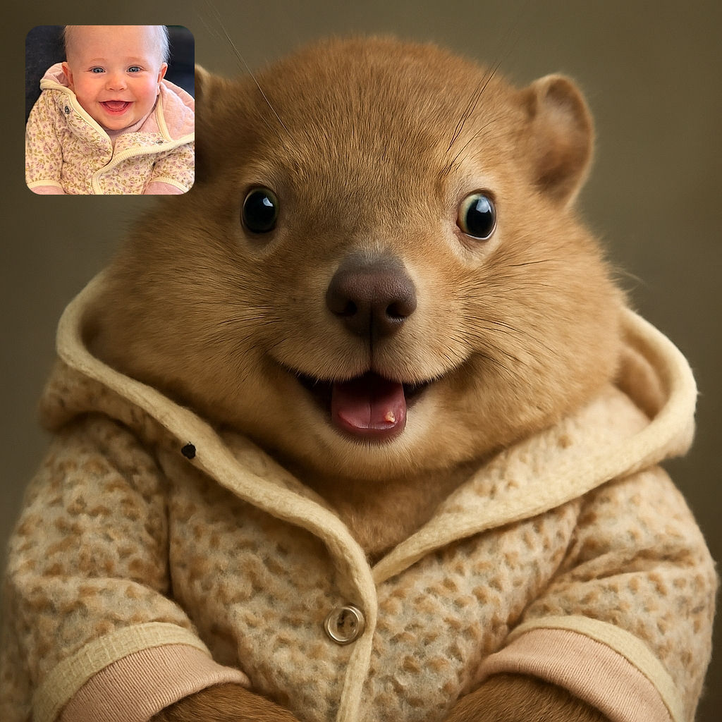 A joyful baby with bright blue eyes and a toothy grin is bundled up in a cozy floral-patterned jacket, radiating pure happiness and warmth against a soft, blurred background.
