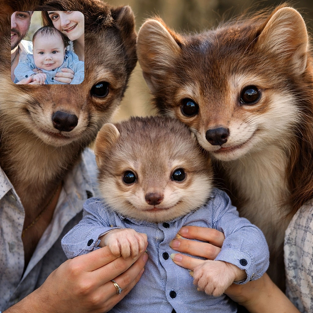 A tiny, smirking baby steals the spotlight like the CEO of cuddles while two proud adults flank him — hands, smiles, and buttoned shirts form a perfect family portrait with soft outdoor bokeh.